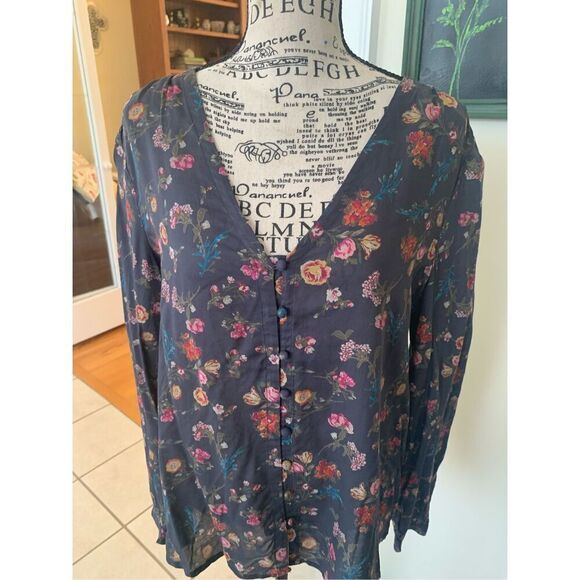 Lucky Brand Womens  Long Sleeve Button-Front Floral Boho Peasant Gray Top - Picture 1 of 9